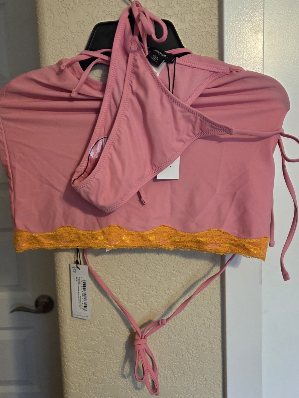 Nasty Gal Pink Triangle Bikini Set with Yellow Lace Trim Skirt To Match - Picture 5 of 5